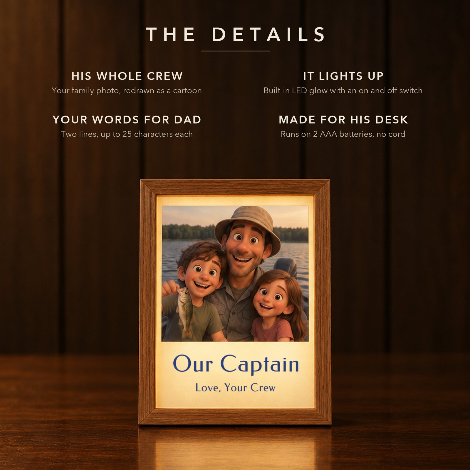 Details of the family cartoon frame gift for dad: a dad and two kids fishing redrawn as a cartoon, LED glow, two lines of text reading Our Captain