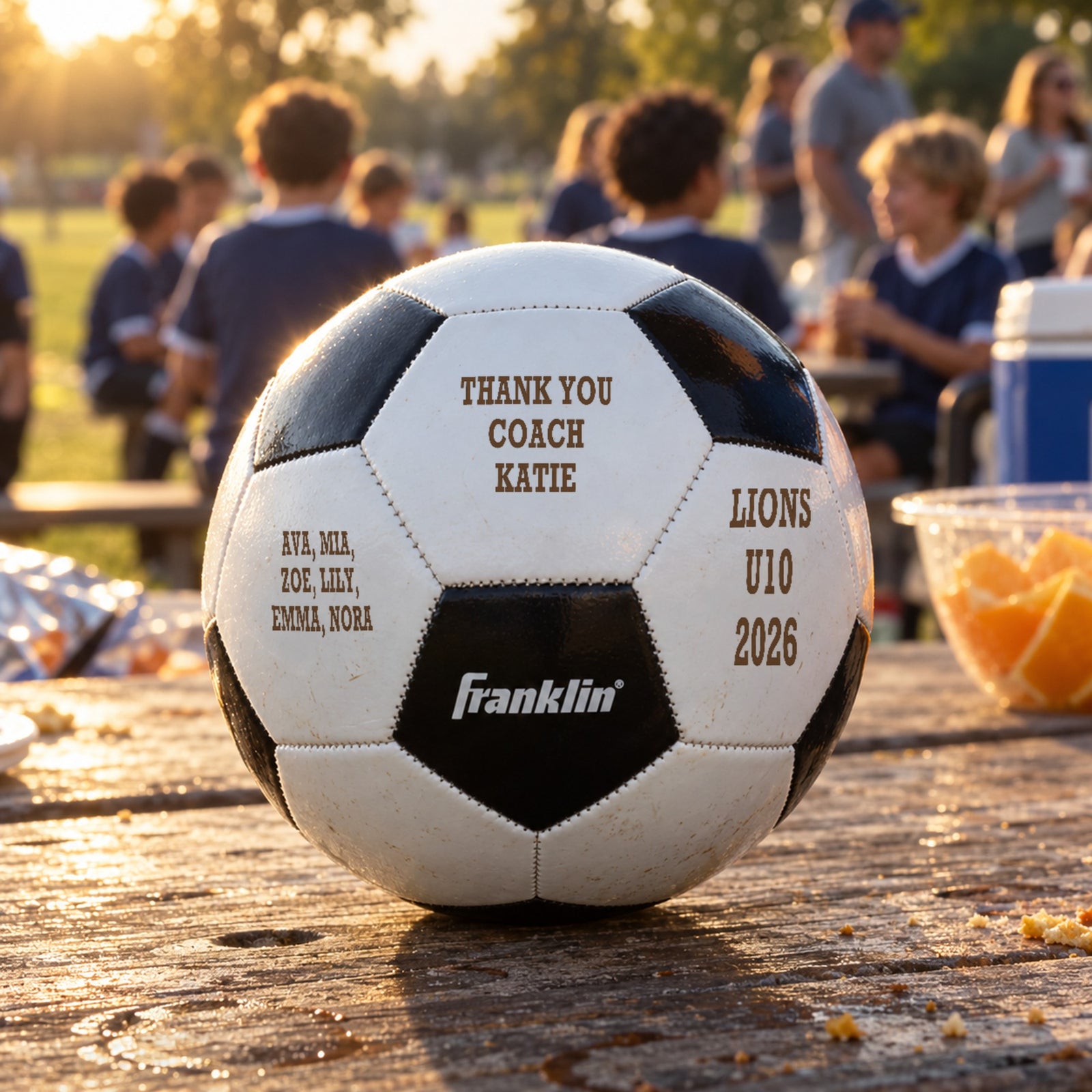 Personalized soccer ball engraved Thank You Coach Katie with the players' first names and Lions U10 2026, on a picnic table at a team party