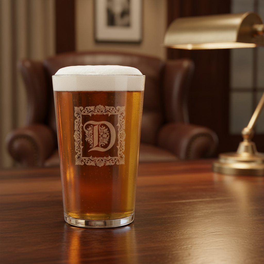Insignia Personalized Initial Pint Glass lifestyle shot showing the single insignia-style initial engraving in a real-world setting