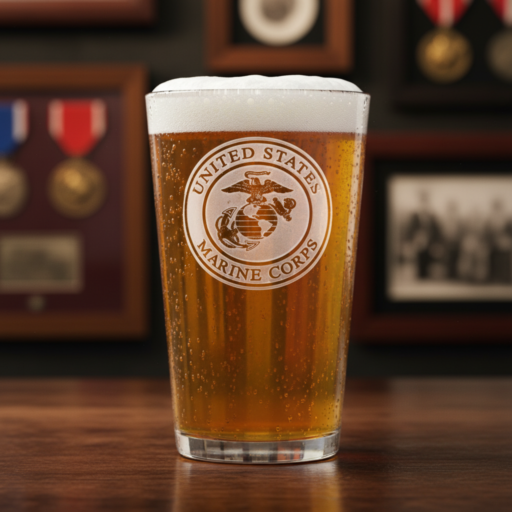 Devil Dog Personalized Pint Glass lifestyle shot showing the stock US Marine Corps emblem design engraving in a real-world setting