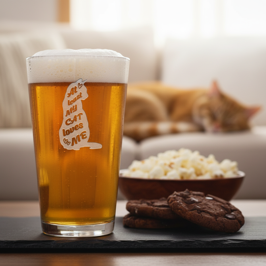 Cat Loves Me Personalized Pint Glass lifestyle shot showing the stock cat silhouette design with cat lover phrase engraving in a real-world setting