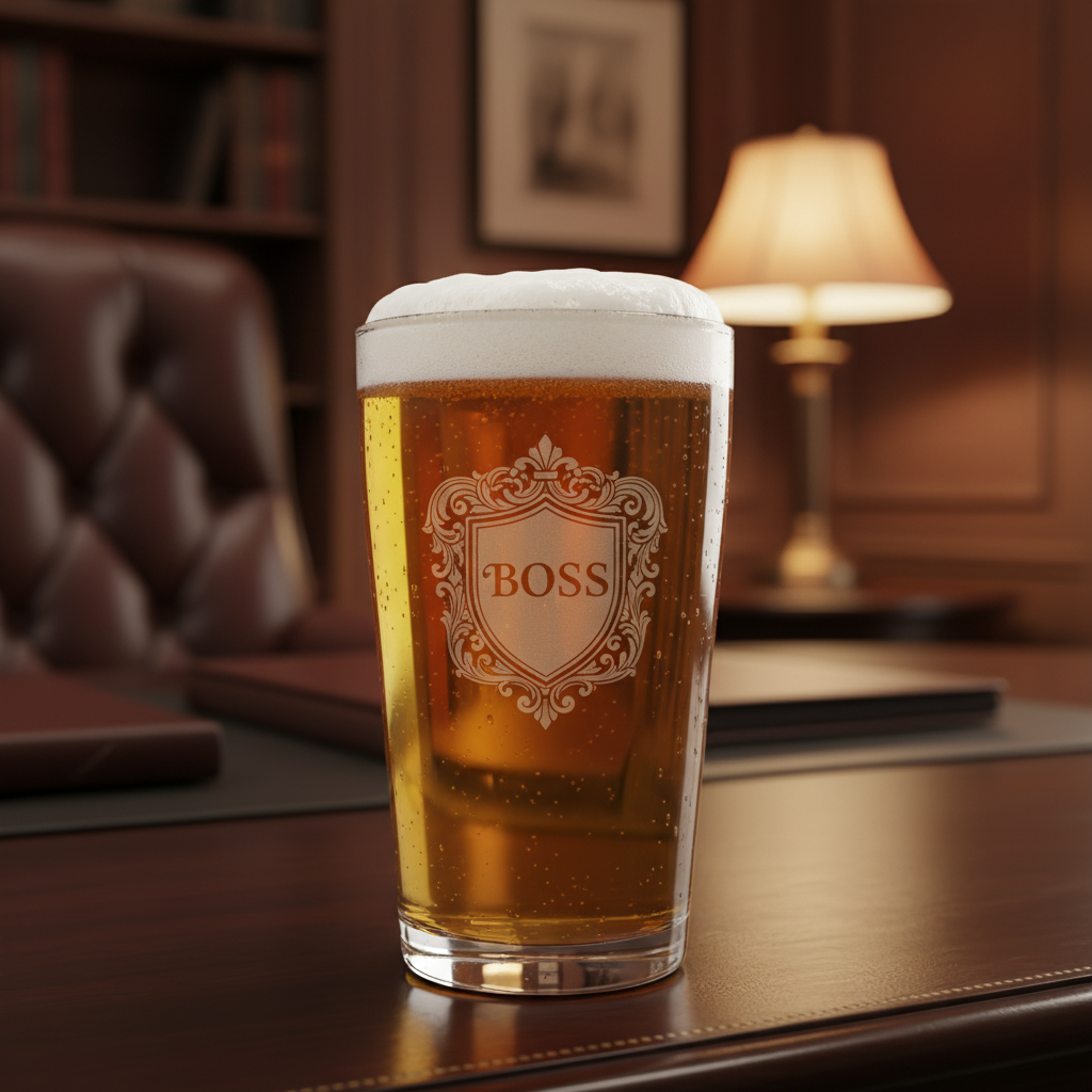 Big Boss Personalized Pint Glass lifestyle shot showing the stock 'BOSS' heraldic shield design engraving in a real-world setting