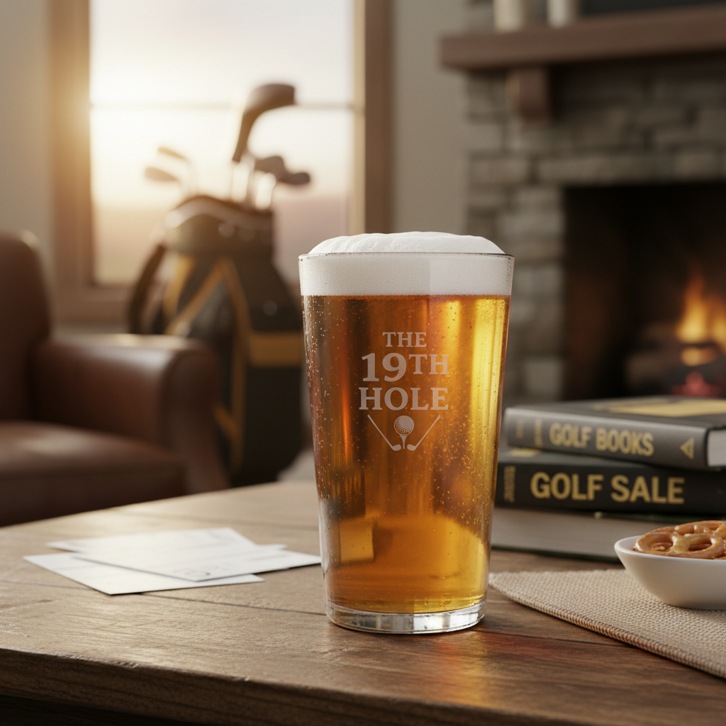 Tee Box Personalized Golf Pint Glass lifestyle shot showing the stock '19th Hole' golf design engraving in a real-world setting