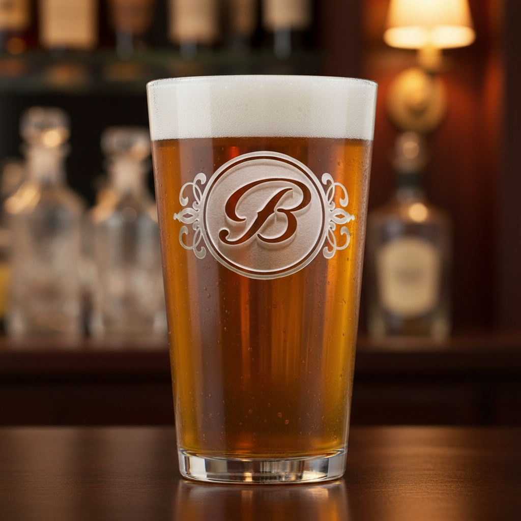 Royal Monogram Personalized Pint Glass lifestyle shot showing the single ornate script initial in decorative round frame with fleur-de-lis scrollwork engraving in a real-world setting