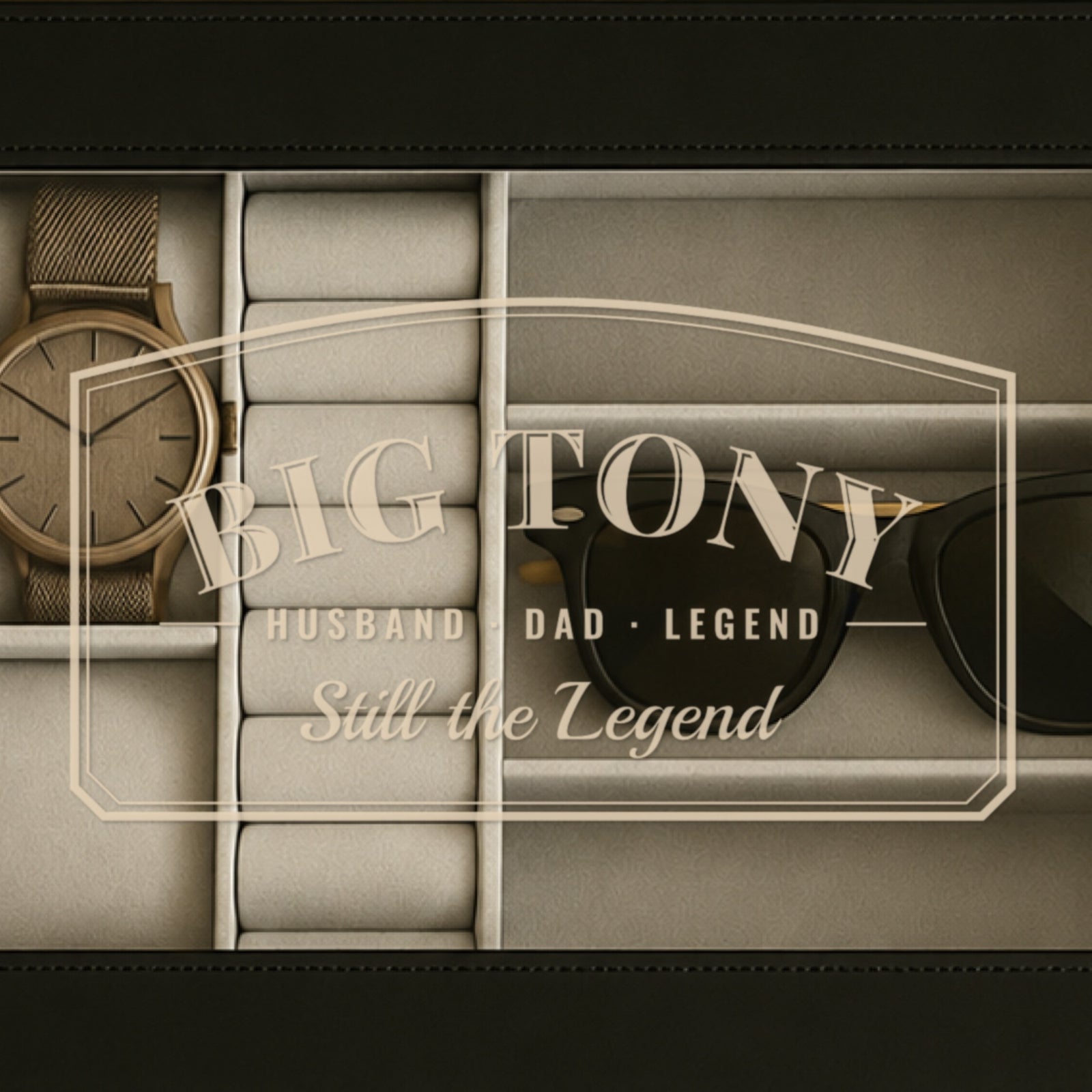 Close-up of the glass window etched with BIG TONY, Husband Dad Legend and Still the Legend, a gift for a 40 year old man who has everything