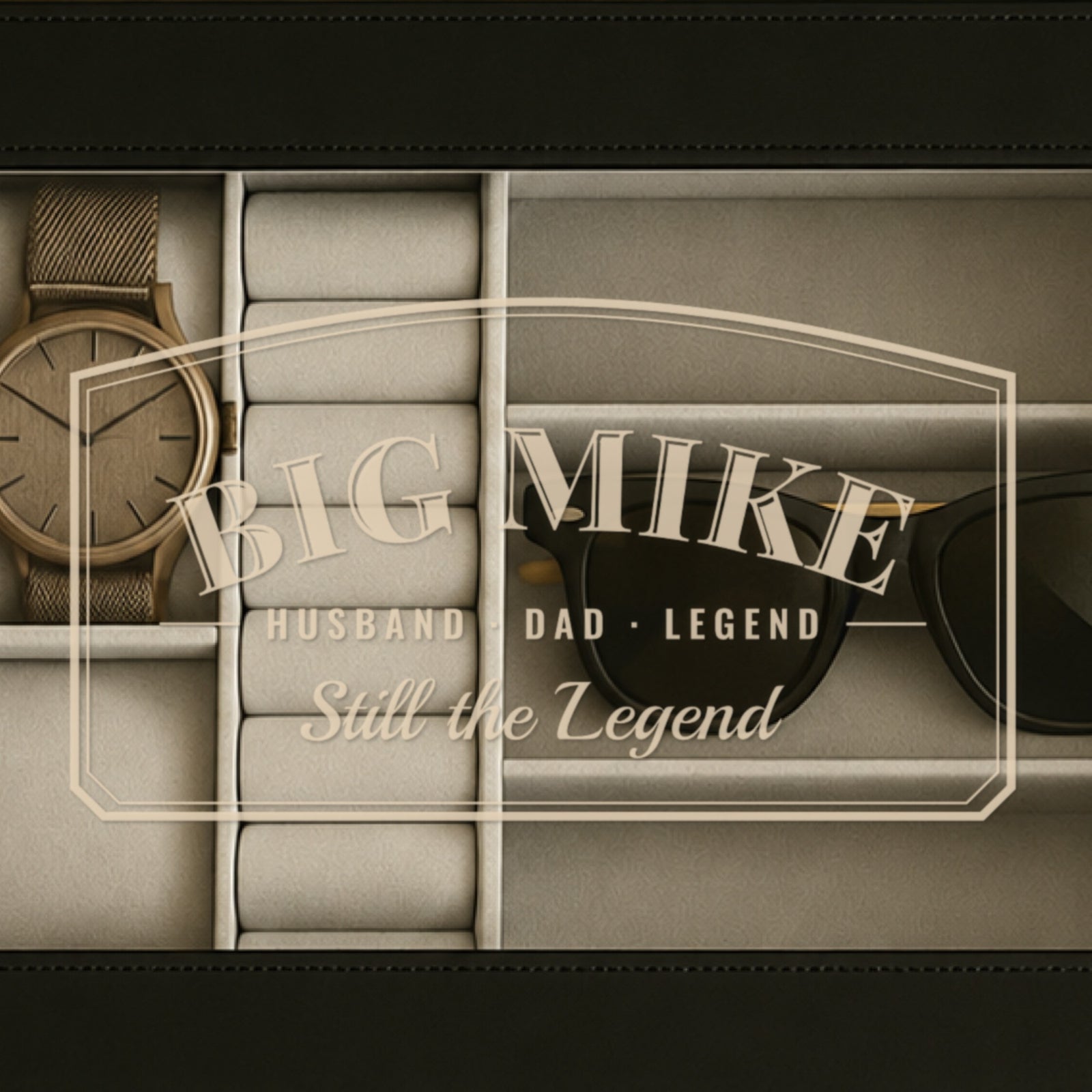 Close-up of the glass window etched with BIG MIKE, Husband Dad Legend and Still the Legend, a gift for a 50 year old man who has everything