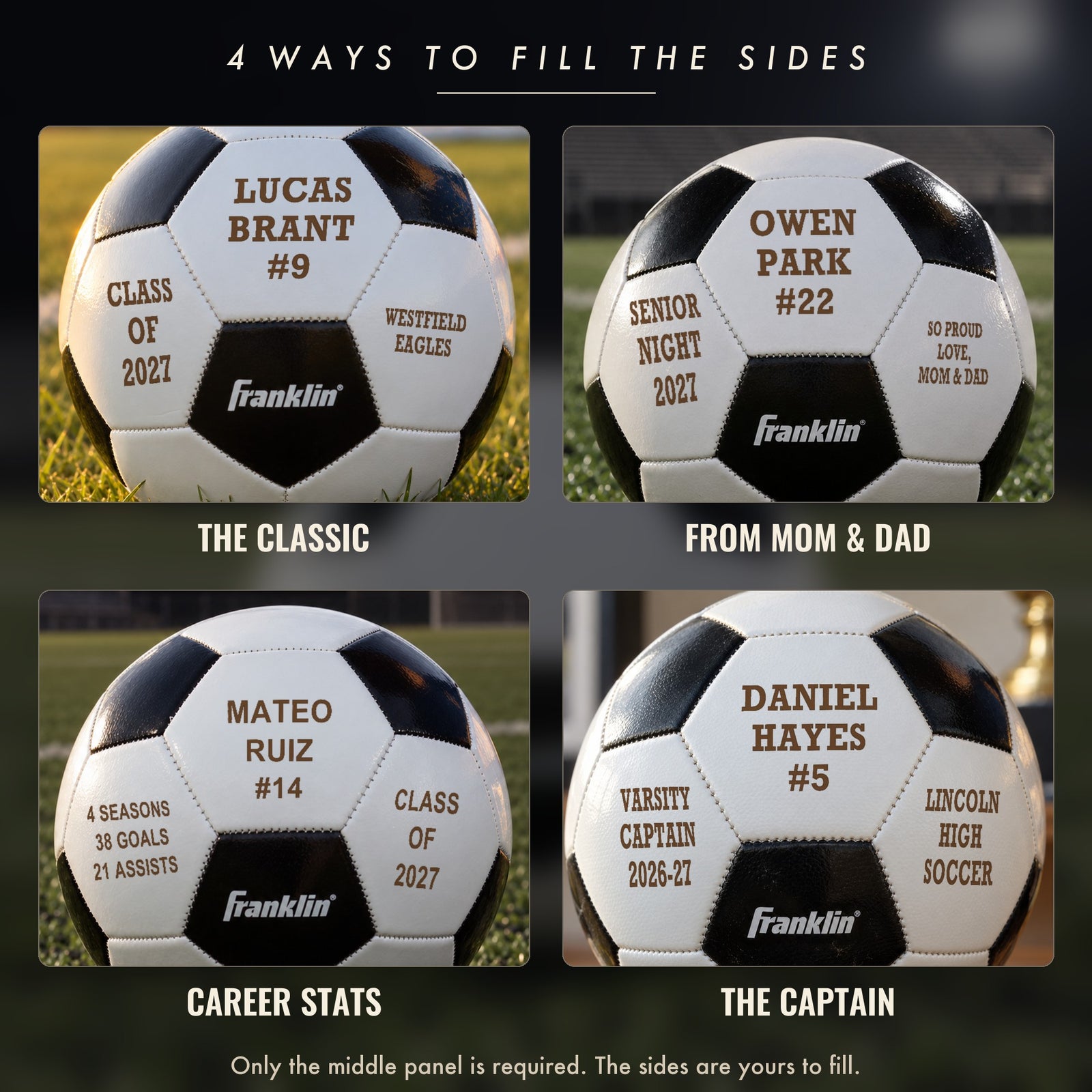 Four soccer senior night gift ideas on engraved balls: class and team, a note from Mom and Dad, career stats, and a varsity captain panel