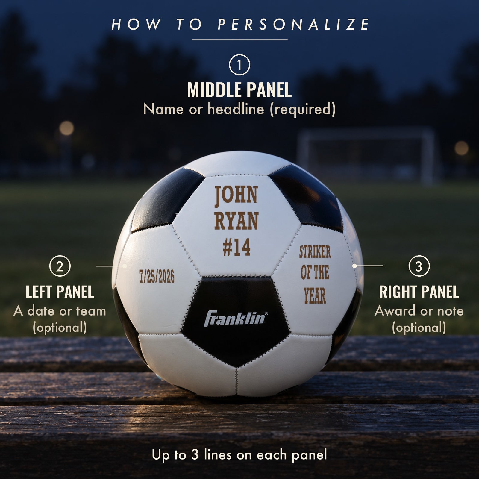 How to personalize the custom soccer ball: a name or headline on the middle panel, a date or team on the left, an award or note on the right