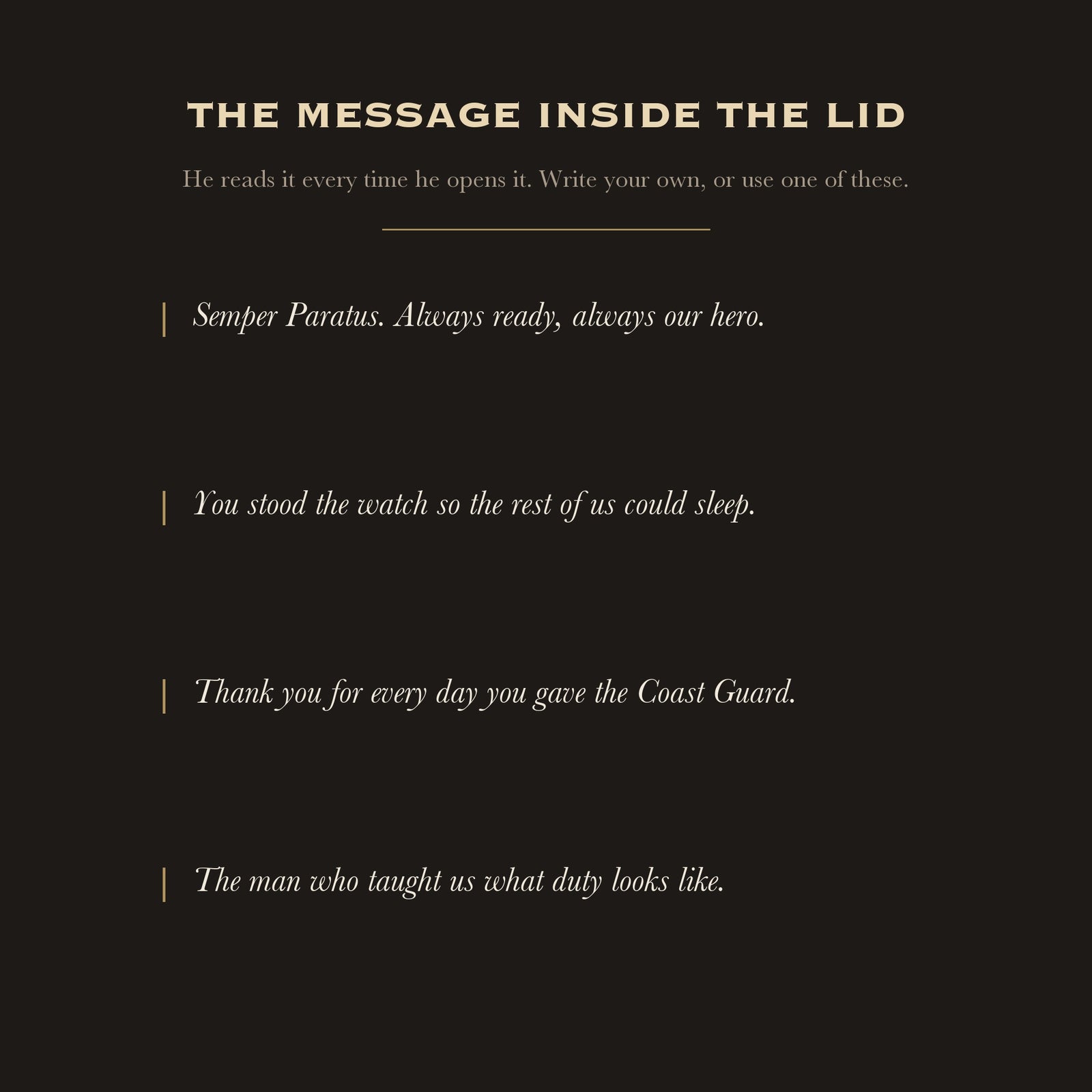Four engraved message ideas for the inside lid of a personalized Coast Guard keepsake box for a veteran or retiring member.