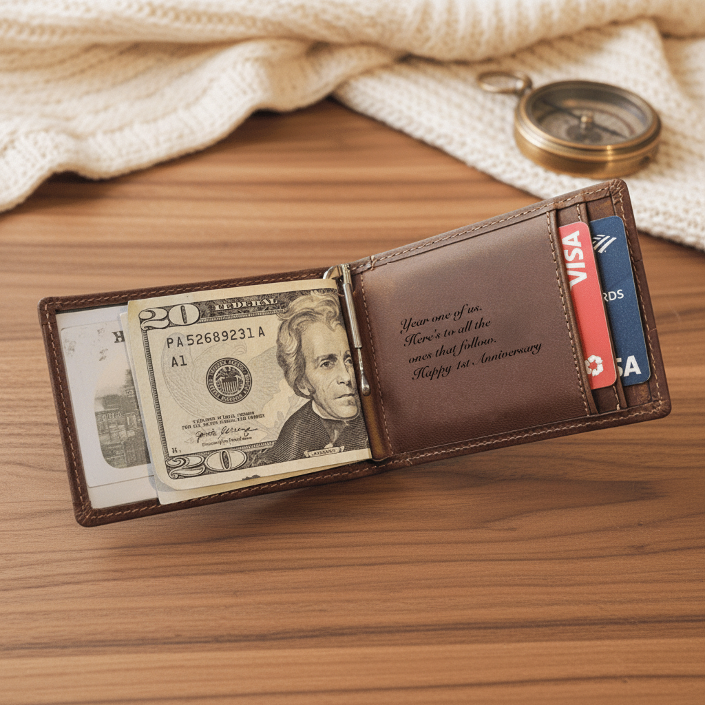 Engraved leather anniversary wallet open on a wood table beside a compass, showing a personalized first anniversary message inside.