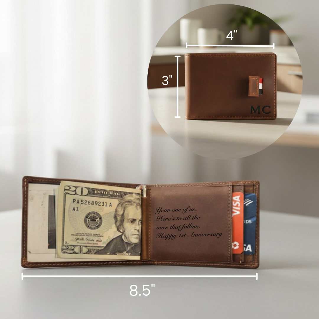 Personalized leather wallet shown open at 8.5 inches wide and 4 by 3 inches closed, with engraved front initials and an inside message.