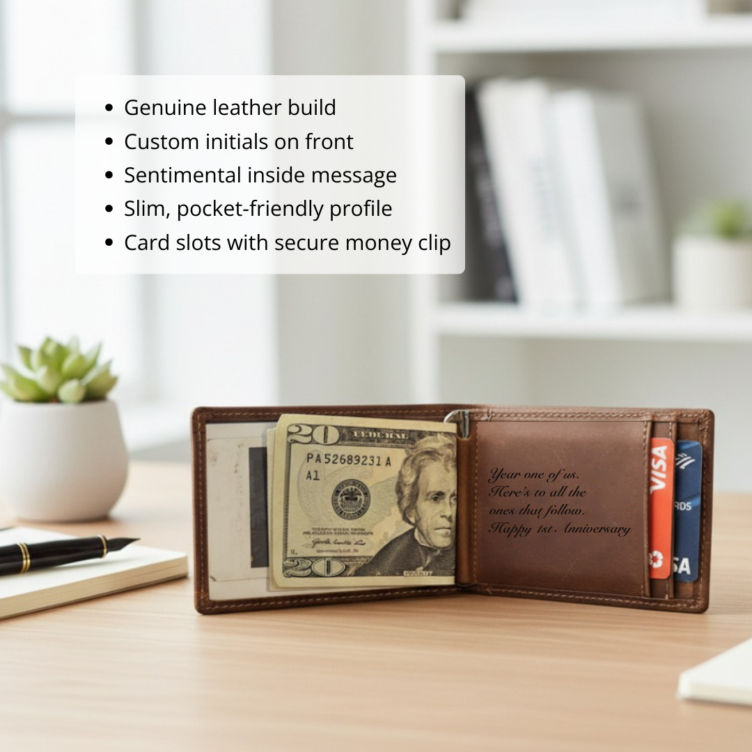 Open engraved leather wallet with a feature list covering genuine leather build, custom front initials and a sentimental inside message.