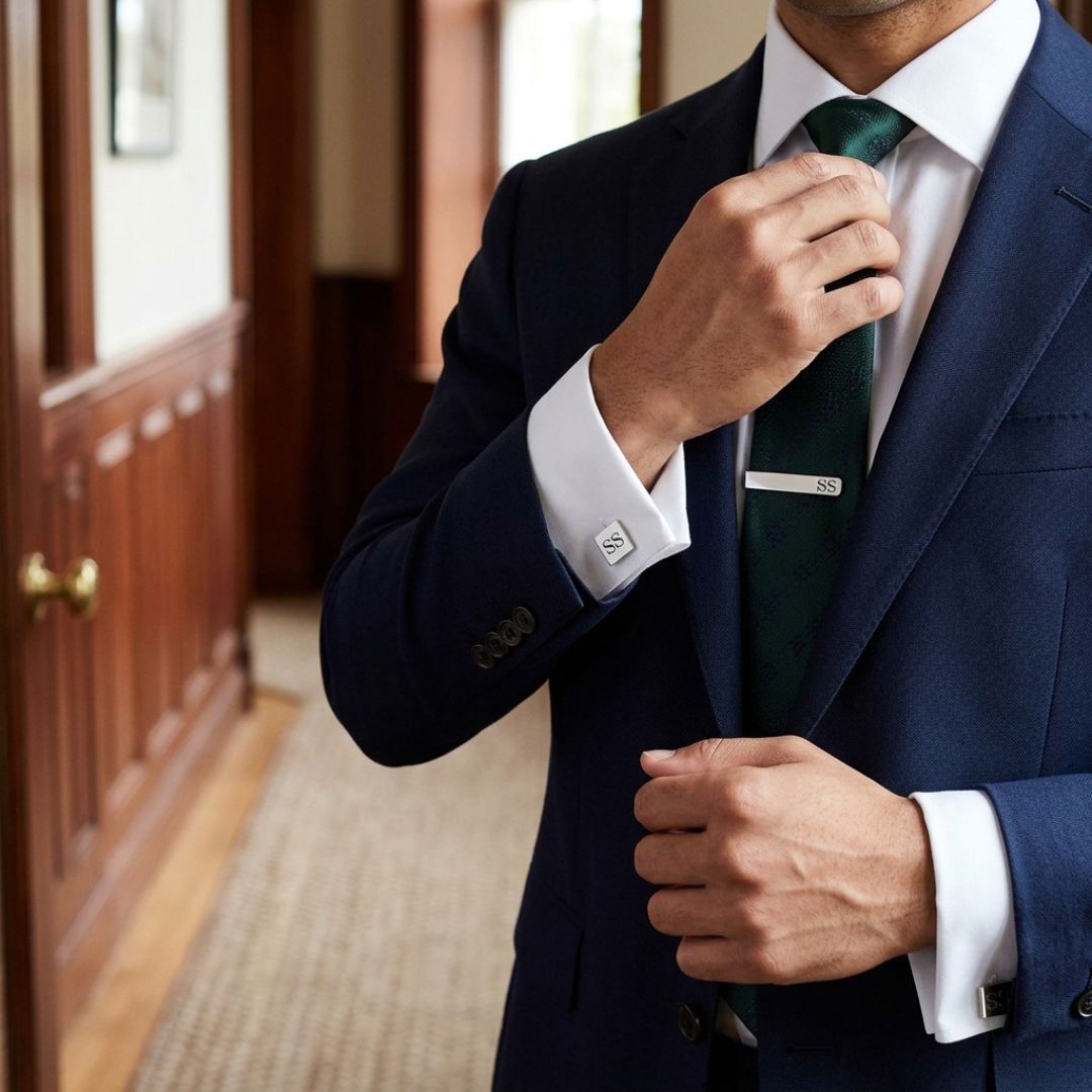 Man in navy suit and white dress shirt wearing sample monogrammed square cufflinks and matching tie bar in polished silver finish