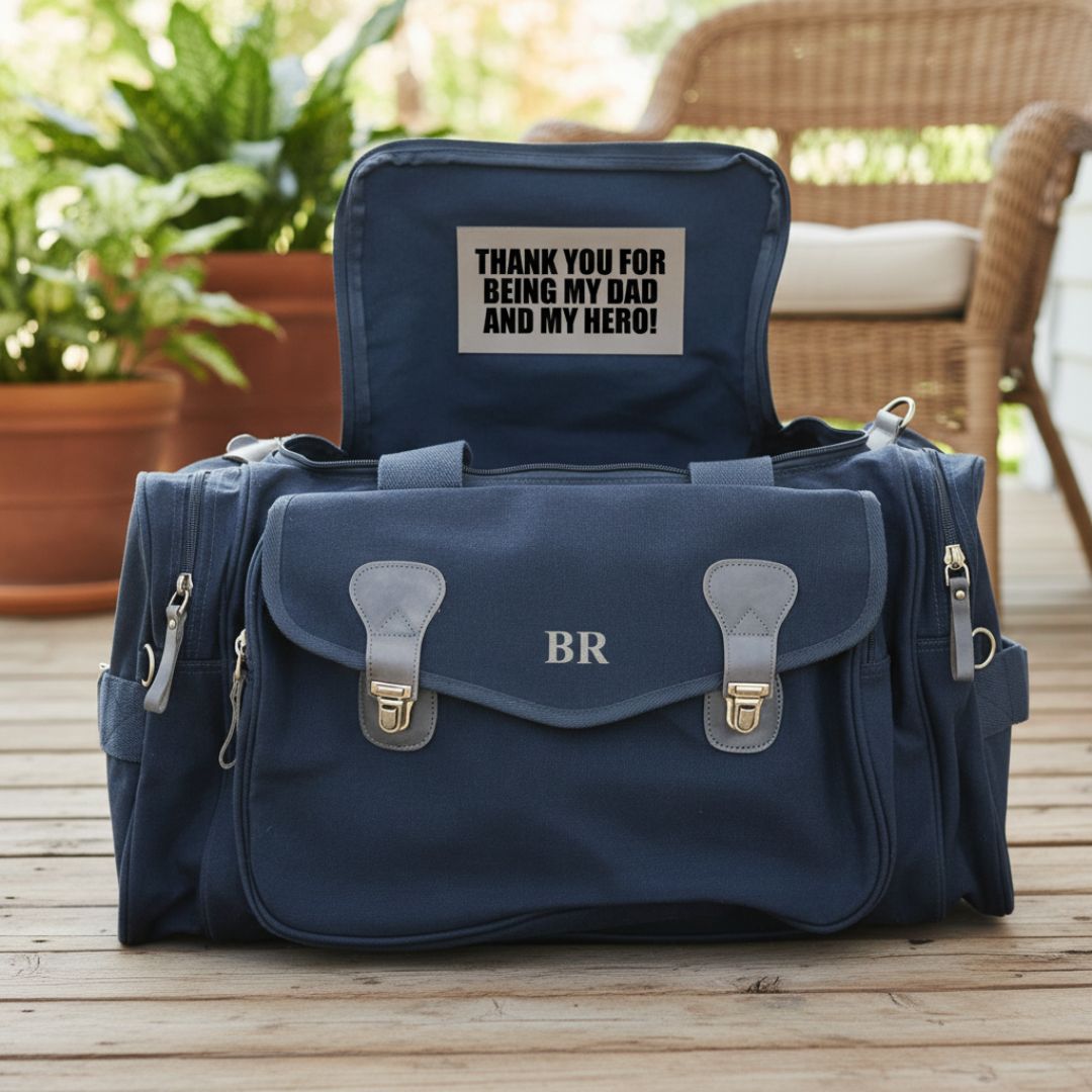 Navy duffle bag with monogrammed initials "BR" and open lid displaying sample personalized message "THANK YOU FOR BEING MY DAD AND MY HERO!
