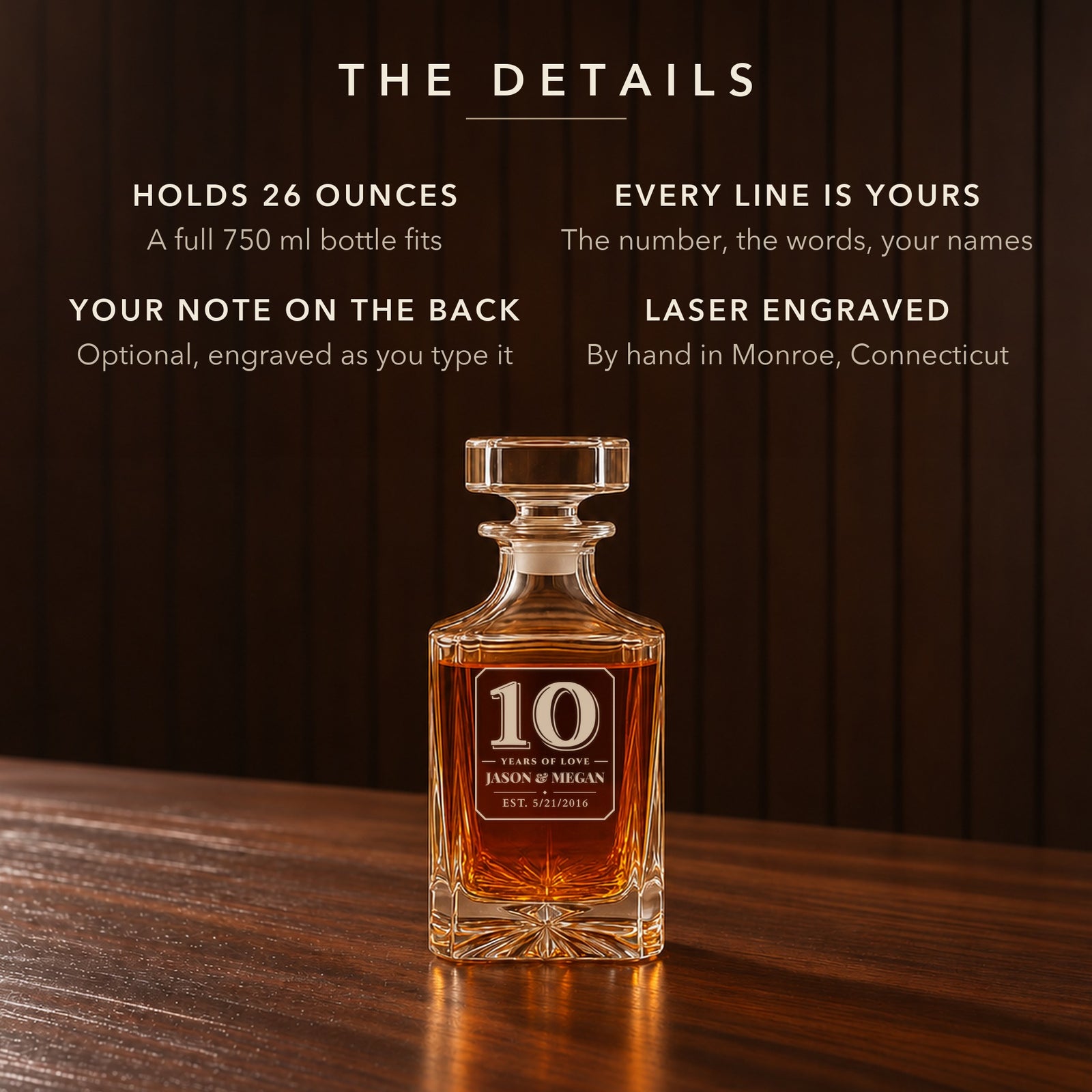 Details of the personalized 10th anniversary decanter: holds 26 ounces, every front line is yours, optional back note, laser engraved