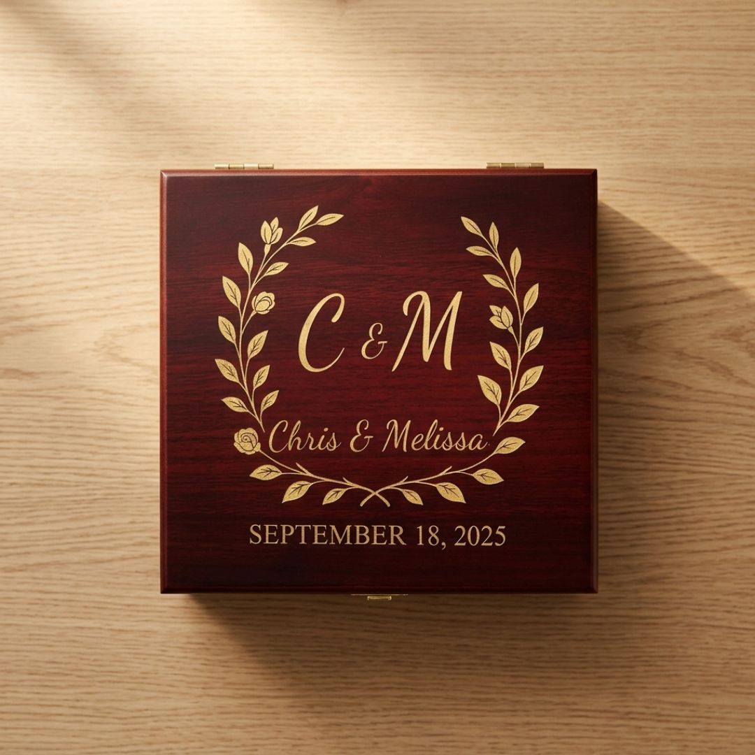 Deep burgundy wooden keepsake box with brass hinges, engraved with sample monogram C&M, full names Chris & Melissa, and wedding date September 18, 2025, surrounded by gold leaf wreath design