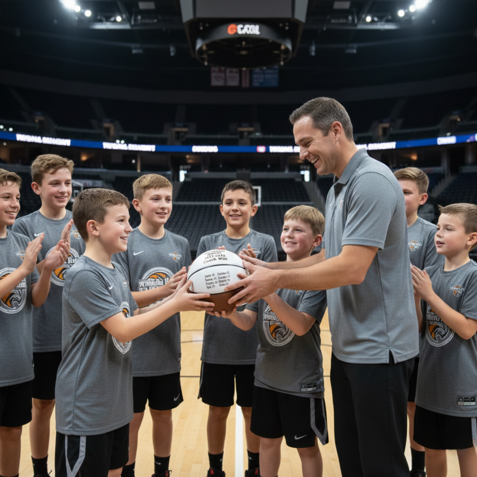 Adult handing personalized basketball to young player during team ceremony on indoor basketball court