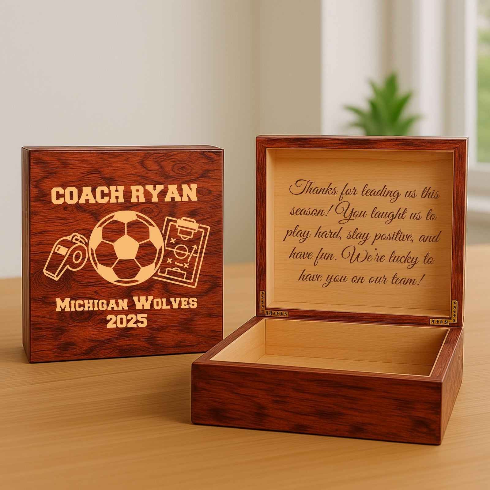 Personalized soccer coach keepsake box gift with engraved message for storing memories and team mementos