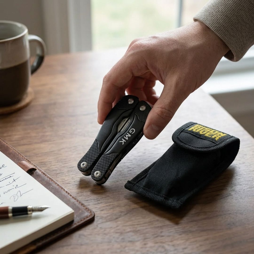 Hand holding open black multi-tool with engraved initials, displayed on wooden desk with nylon carrying pouch nearby