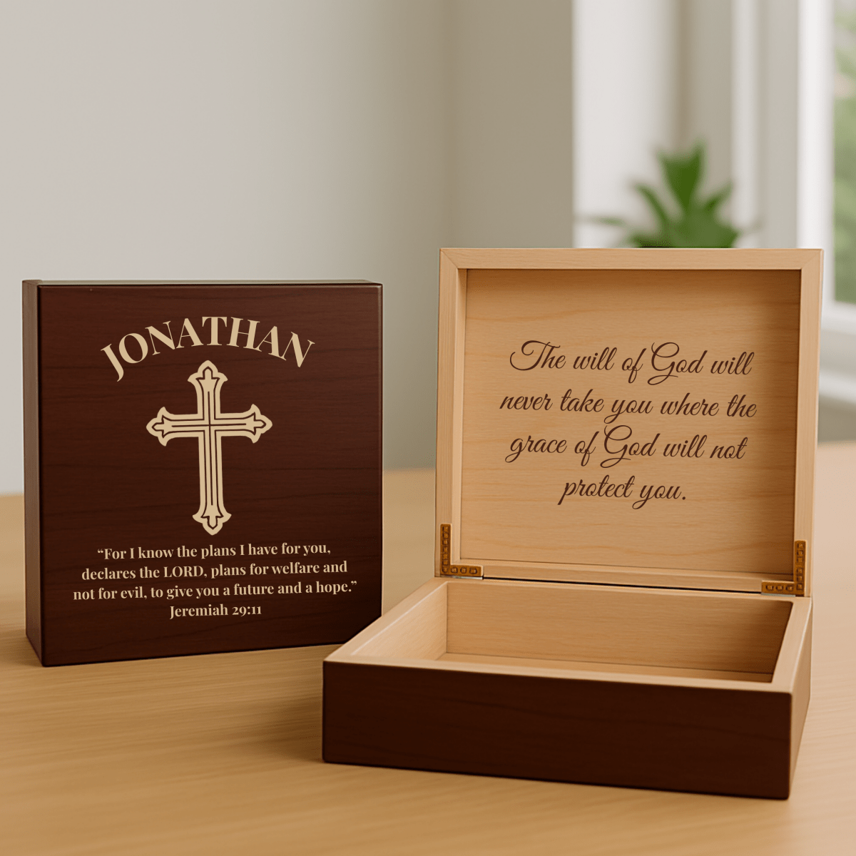 Personalized Faithful Christian Keepsake Box with Cross Design and Religious Scripture