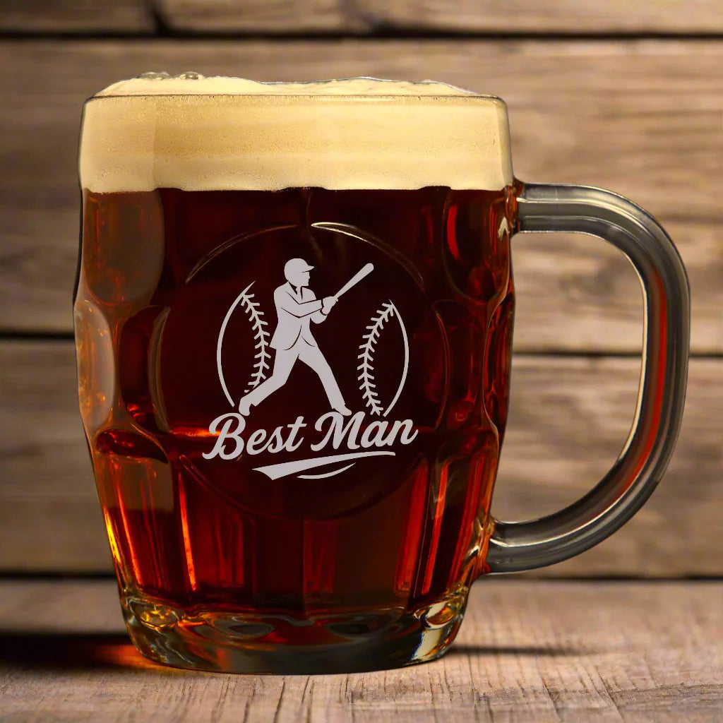 Personalized beer mug with baseball batter design and engraved wedding role for groomsmen or wedding party gift