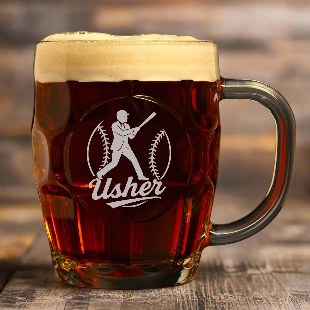 Personalized beer mug with baseball batter design and engraved wedding role for groomsmen or wedding party gift