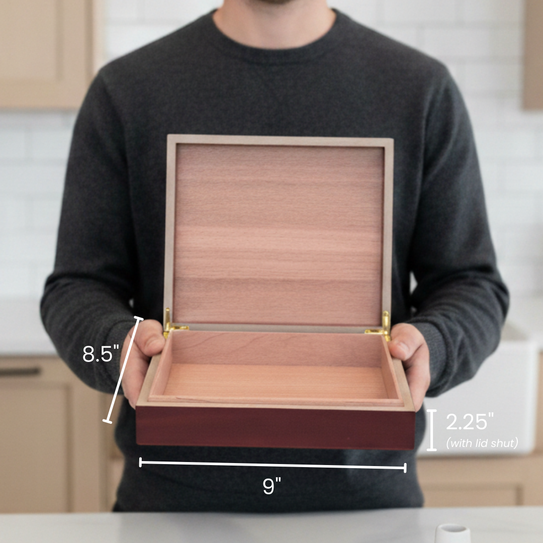 80th birthday keepsake box sizing, 9 by 8.5 by 2.25 inches, a personalized wooden memory box for an 80 year old man