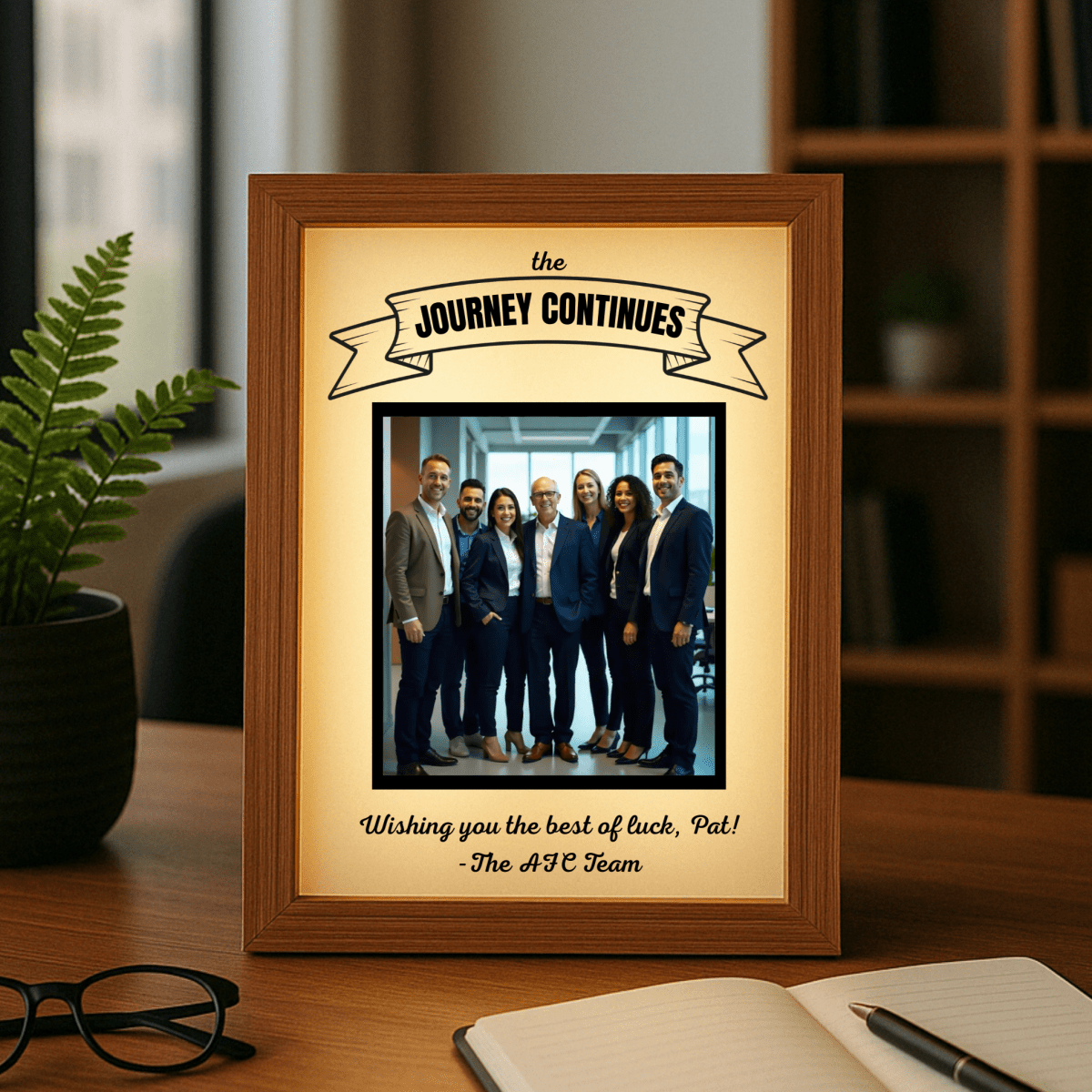 Personalized retirement frame with "The Journey Continues" banner