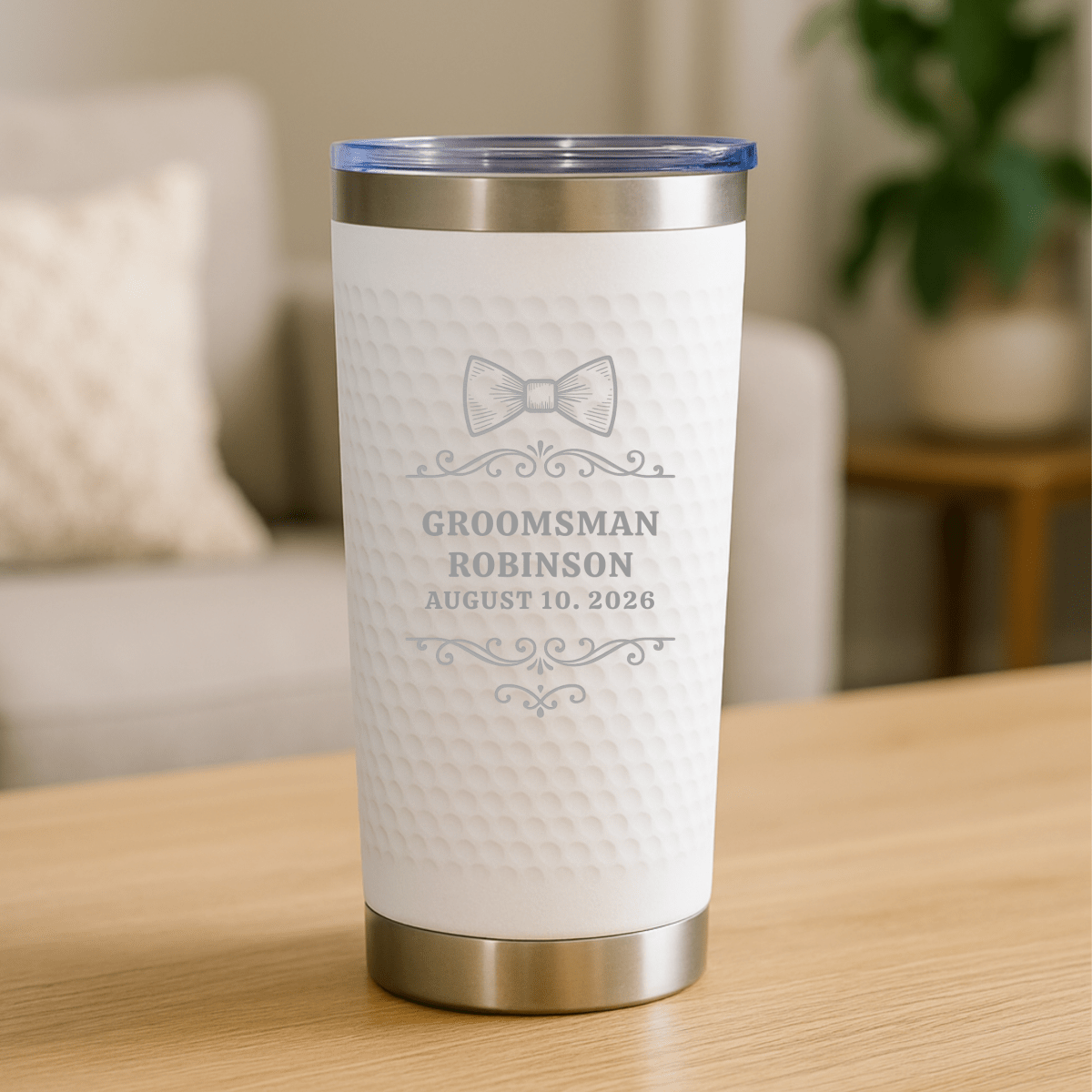 Personalized groomsmen tumbler with bowtie design and custom engraving – wedding role, name, and date