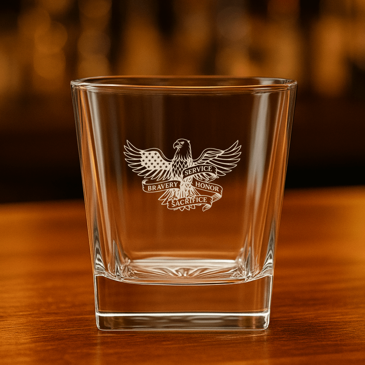 Laser-engraved Honor & Bravery Whiskey Glass with eagle and American flag design