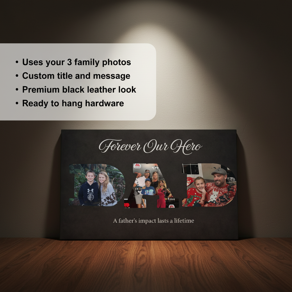 Black leatherette canvas with sample personalization featuring three family photos integrated into "DAD" lettering, script title "Forever Our Hero," and sample message "A father's impact lasts a lifetime