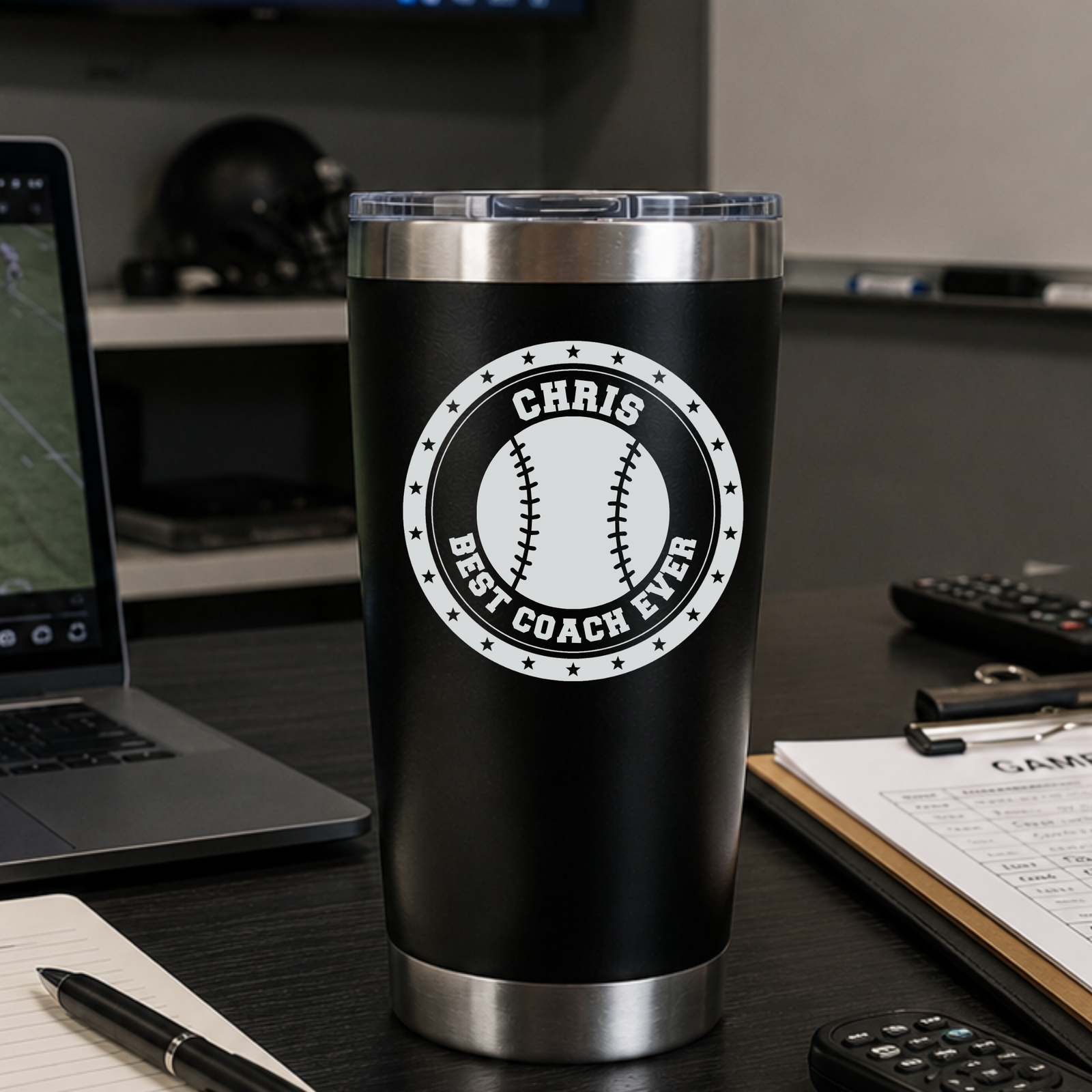 Personalized baseball coach tumbler engraved with CHRIS and BEST COACH EVER, a 20oz insulated baseball coach appreciation gift