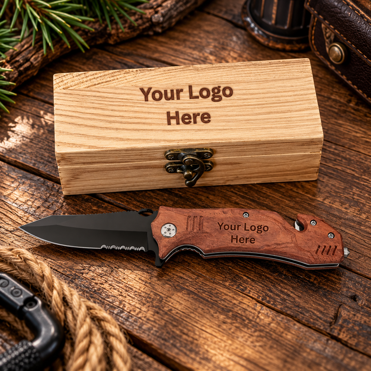 Logo Personalized Wood Rescue Knife & Gift Box Set