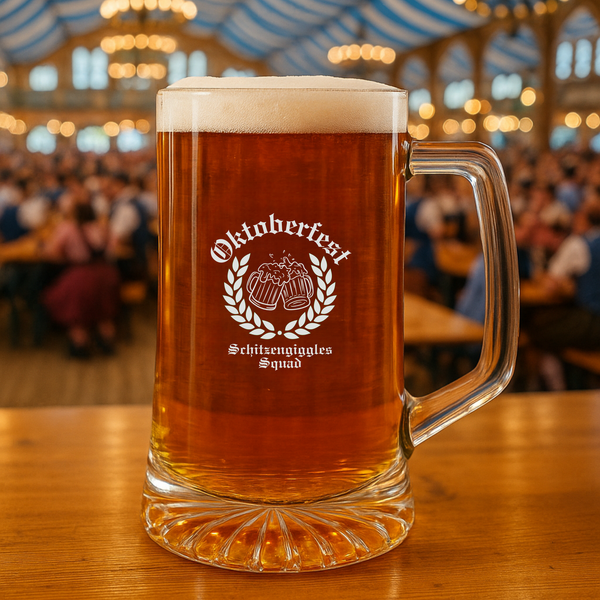 Personalized Oktoberfest 25 oz glass beer stein filled with amber lager, engraved with a laurel crest and the sample text Schitzengiggles Squad, in a beer hall