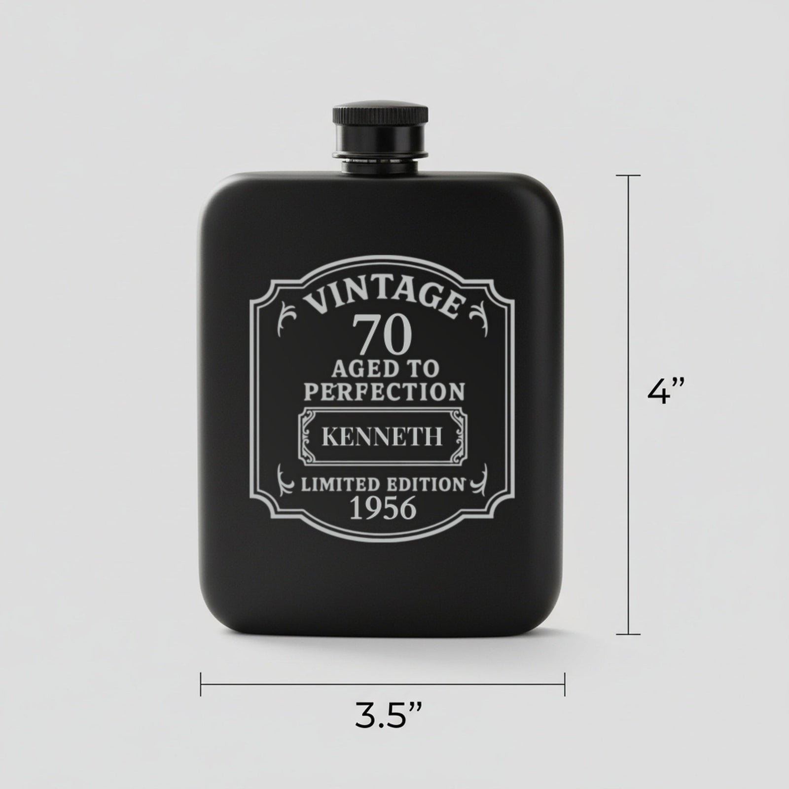 Size guide for the personalized vintage birthday flask, 3.5 inches wide by 4 inches tall, holding 6 ounces, engraved for Kenneth.