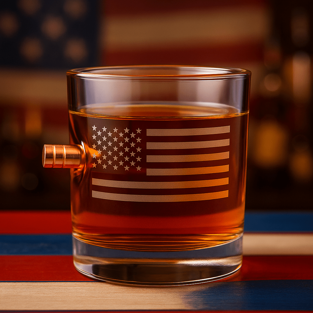 Unique Personalized Bourbon & Glory – U.S. Flag Bullet - Embedded Rocks Glass Customized Handmade Glass Gifts for Men by Groovy Guy