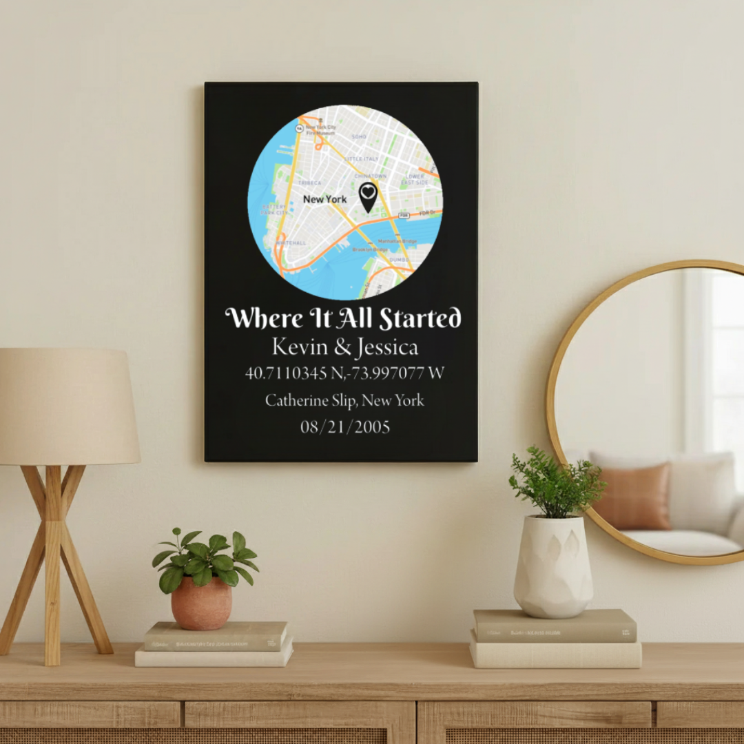 Black leatherette sign with circular map of New York City, customized with sample names "Kevin & Jessica," coordinates, location, and date 08/21/2005