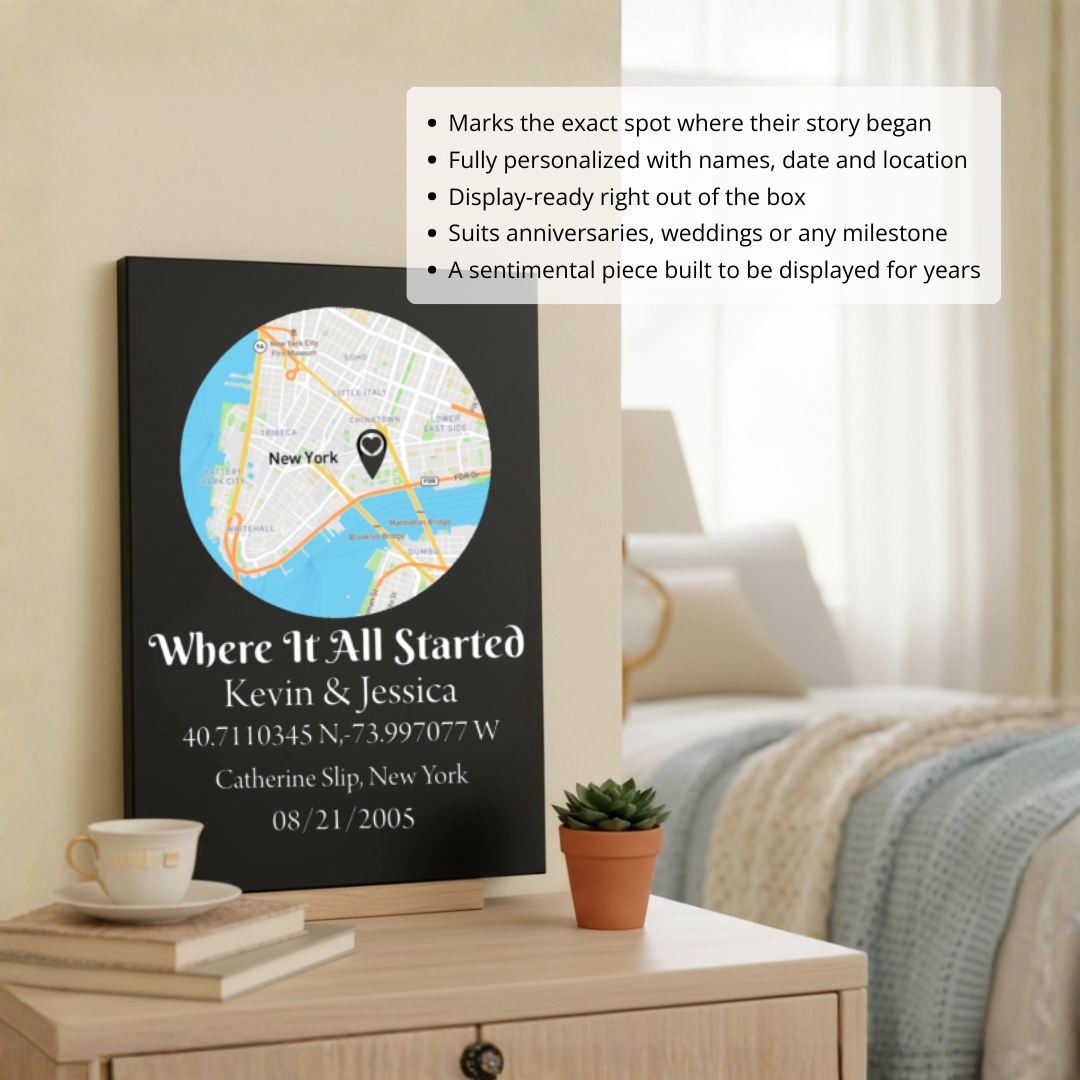 Black leatherette sign displayed on wooden nightstand, customized with sample map of New York, couple names "Kevin & Jessica," coordinates, location, and date "08/21/2005
