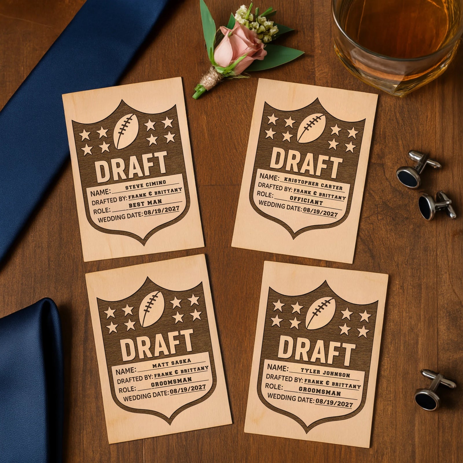 Custom wooden football groomsmen proposal card with engraved name and wedding details