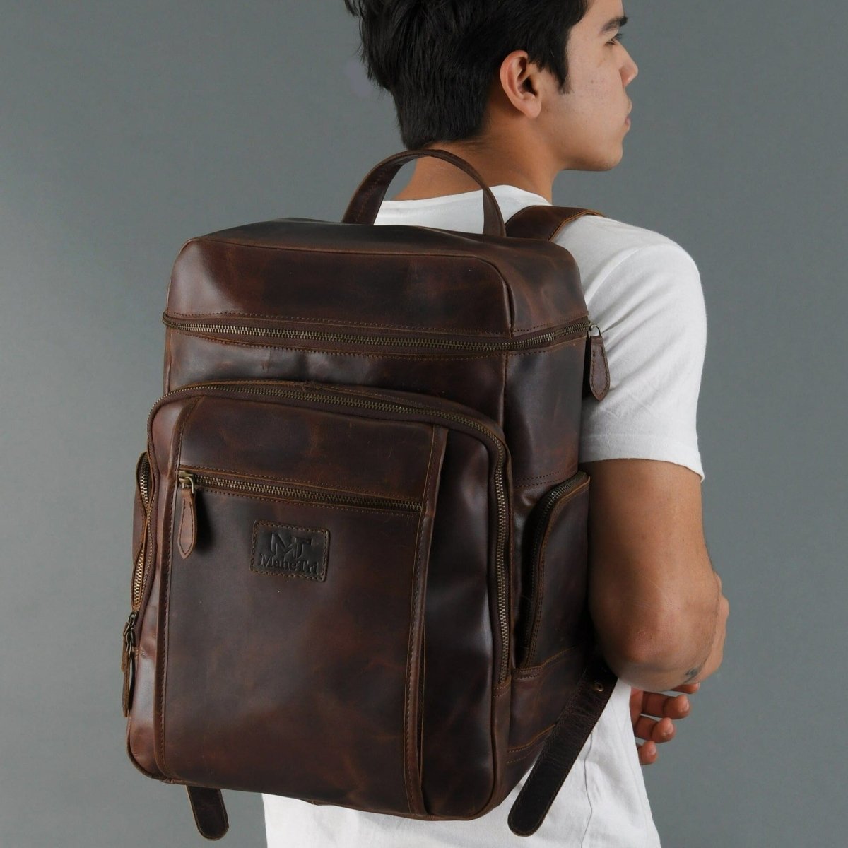 Unique Personalized Alpha Brown Buffalo Leather Travel Backpack Customized Backpacks Gifts for Men by Groovy Guy