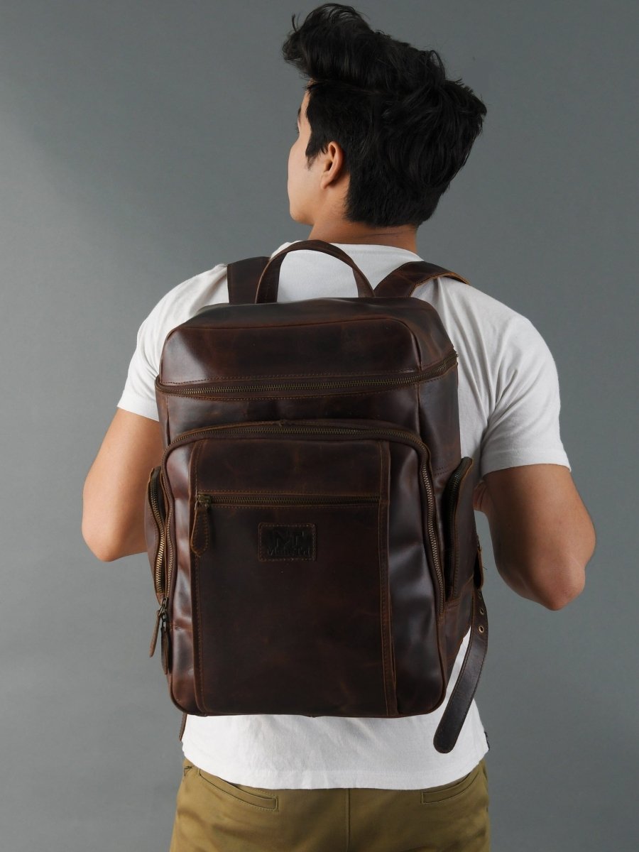 Unique Personalized Alpha Brown Buffalo Leather Travel Backpack Customized Backpacks Gifts for Men by Groovy Guy