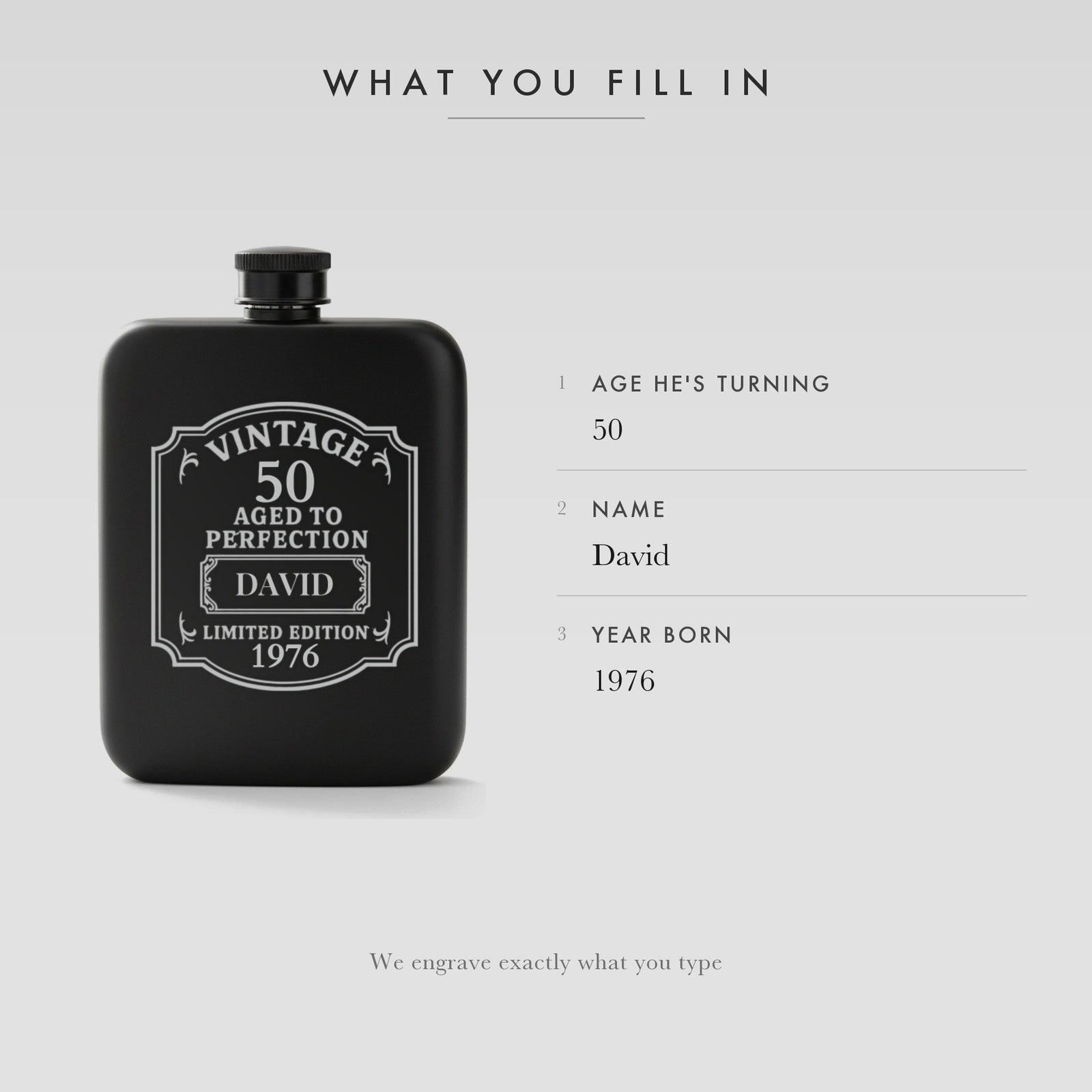 Personalization guide for the vintage birthday flask listing the three engraved fields, the age he is turning, his name and the year he was born.