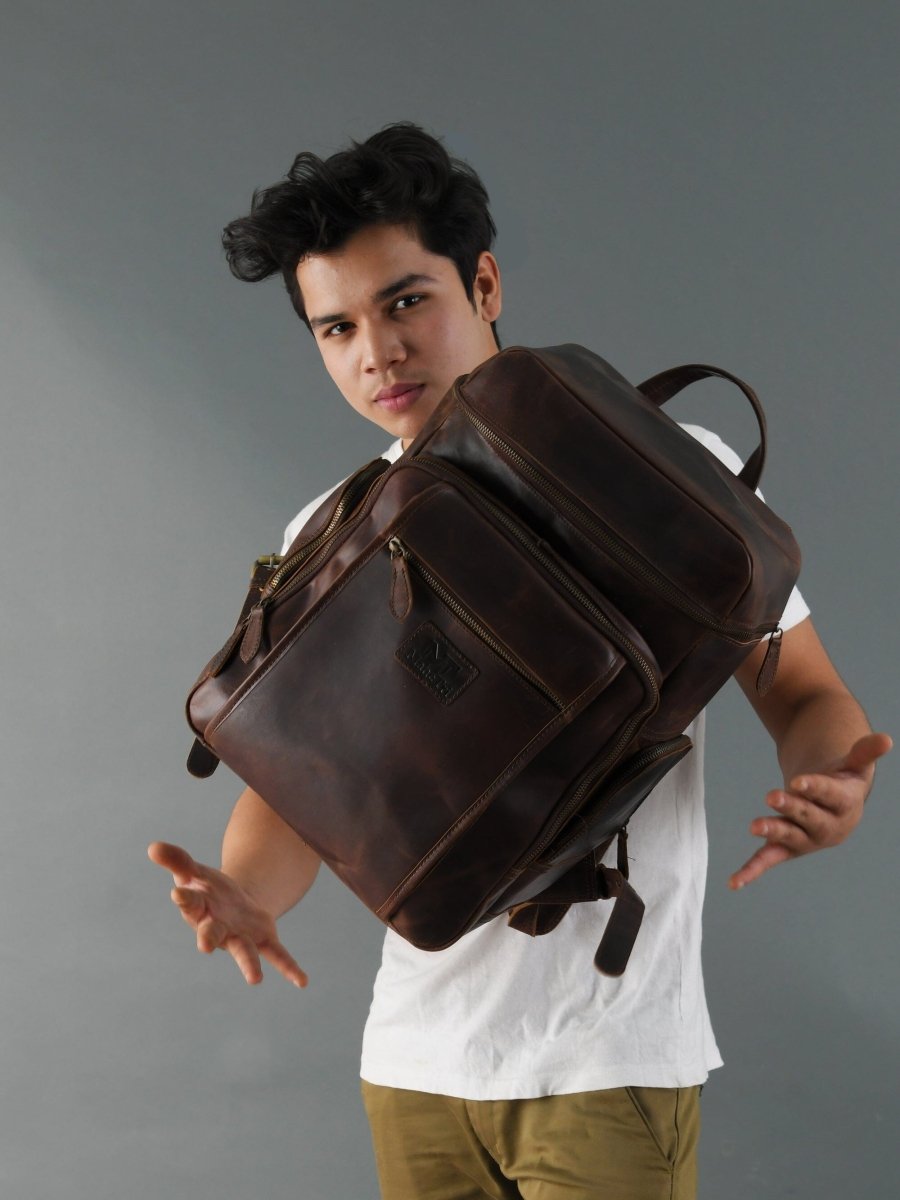 Unique Personalized Alpha Brown Buffalo Leather Travel Backpack Customized Backpacks Gifts for Men by Groovy Guy