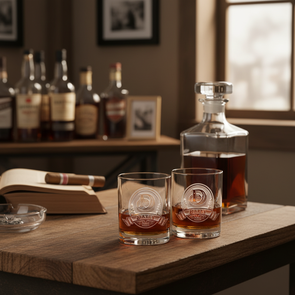 Highland Monogram personalized bourbon glass set of four with sand-carved monogram showing personalization