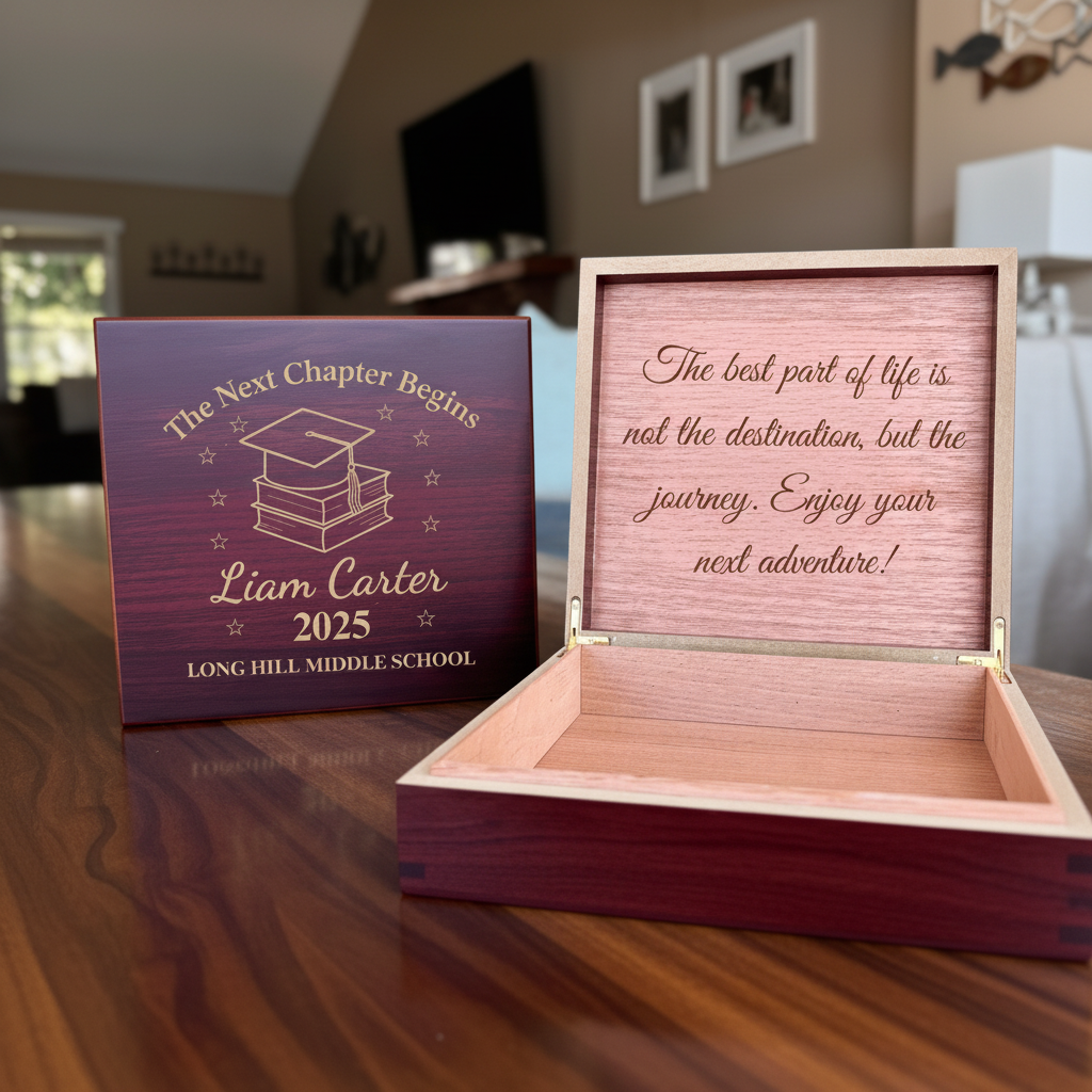 Burgundy wooden keepsake box open, displaying engraved lid with sample text "The best part of life is not the destination, but the journey" and cedar-lined interior storage compartment