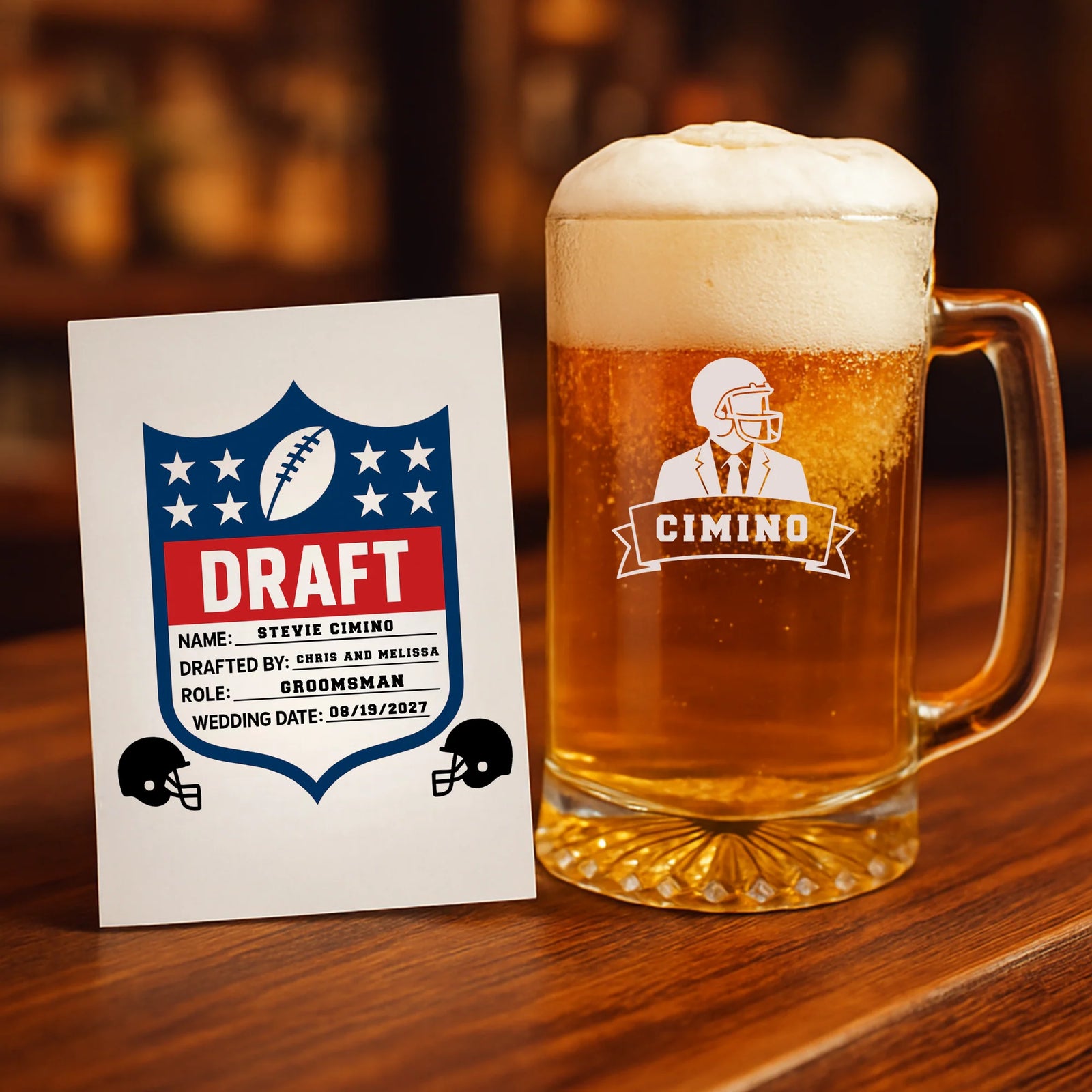 Custom football draft-style groomsmen proposal card with engraved beer mug gift set