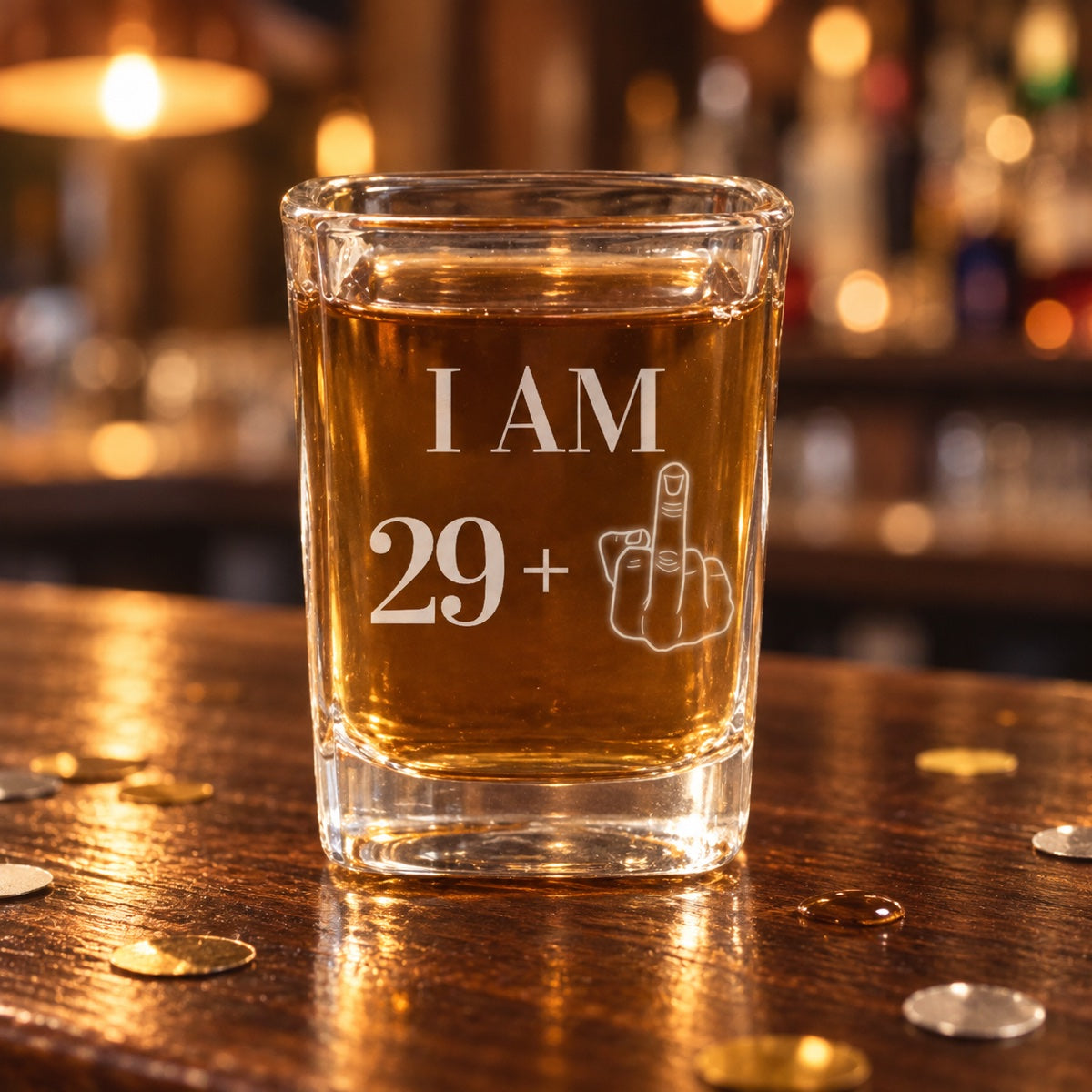 Funny 30th birthday shot glass engraved I AM 29 plus a middle finger, filled with whiskey on a dark walnut bar with gold and silver confetti