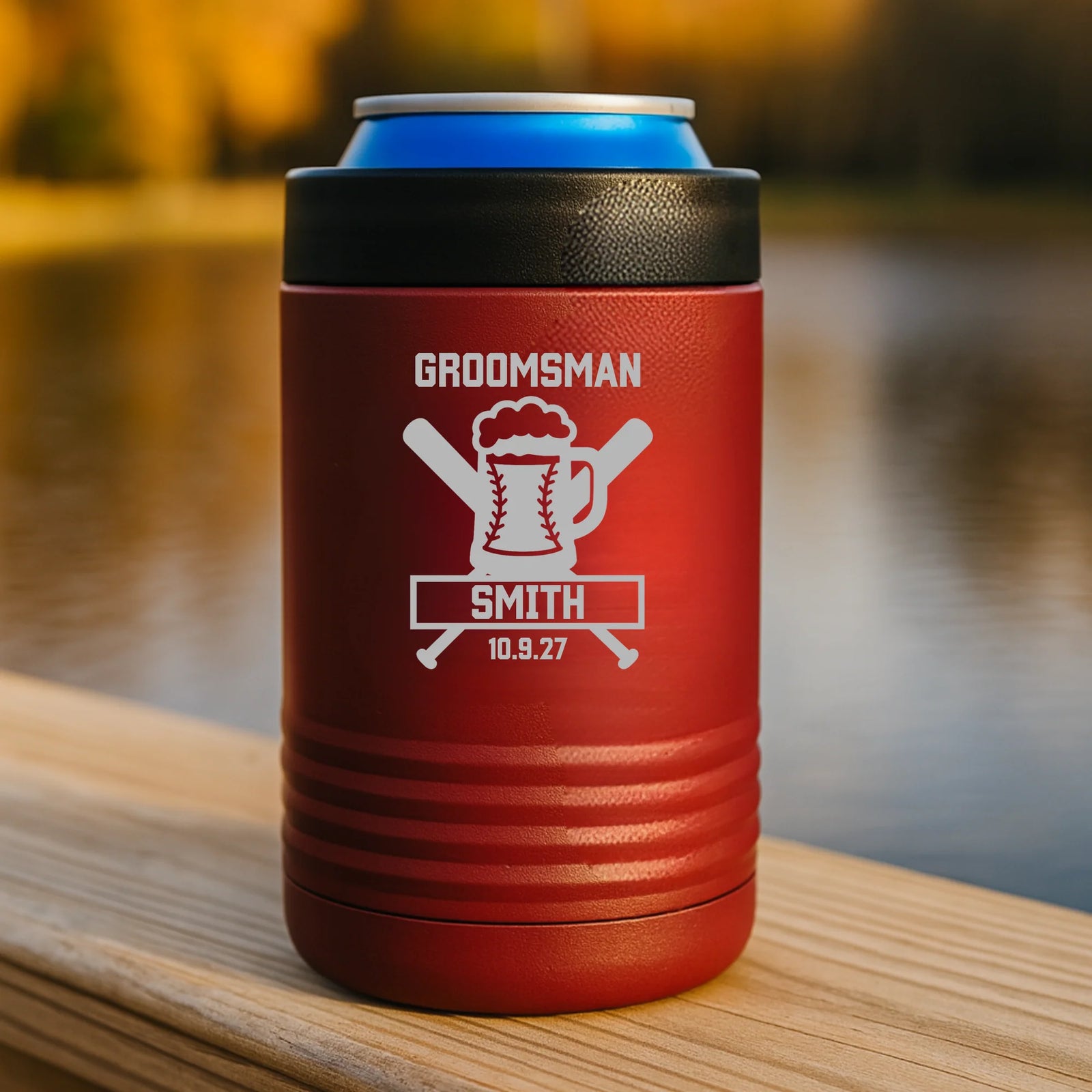 Custom stainless steel can cooler with engraved name, role, and wedding date for groomsmen gift