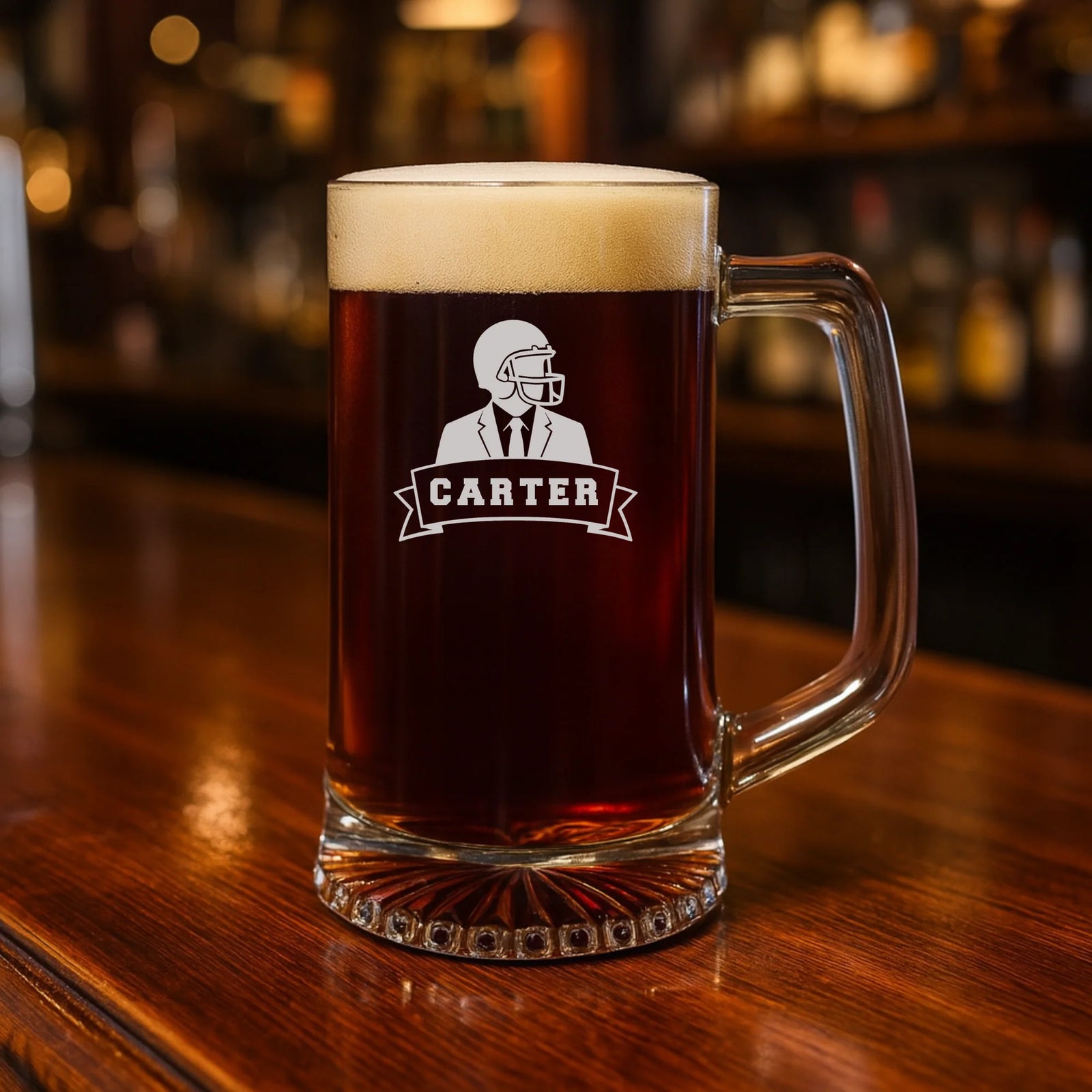 Custom football draft-style groomsmen proposal card with engraved beer mug gift set