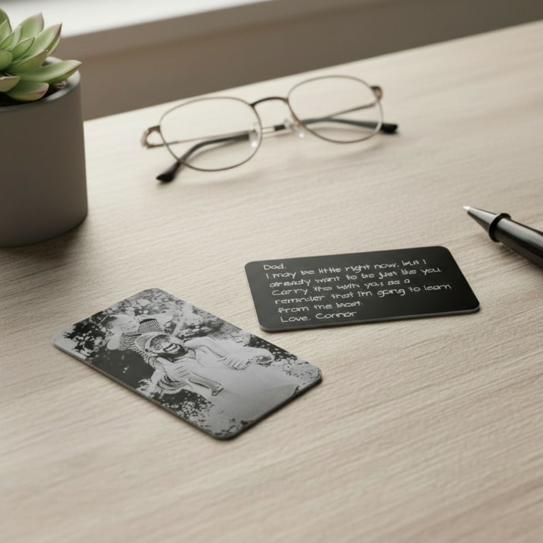 Two personalized wallet cards displayed on light wood desk: left card shows sample photo with distressed edges, right card features sample text message engraved on black anodized aluminum